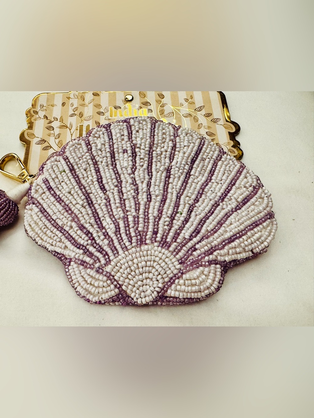 Made in India Beaded Shell Clutch - Ivory and Purple